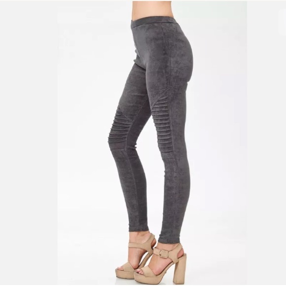 Gray Faux Suede Moto Stretch Casual Leggings - Picture 6 of 8